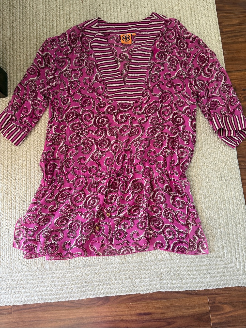 Tory Burch Magenta Printed V-Neck Drawstring Tunic